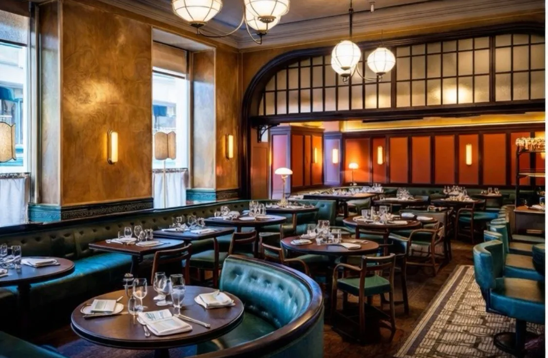 Marmorino and distemper wall finishes in The Ivy Market Grill dining room, Covent Garden, London