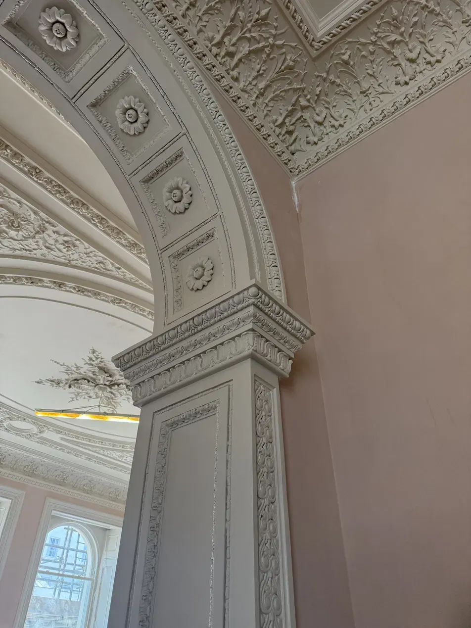 Restored plaster pilaster capital and coffered arch soffit, Lancaster Gate, London
